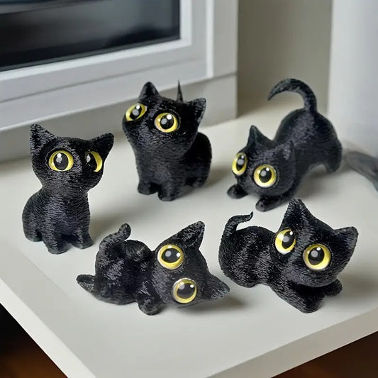 5-Piece Small Statue Ornaments - 3D Printed Cute Little Cat Figurines with Realistic Eyes, Office Desktop & Living Room Decorations for Holidays and Parties Outdoor Displays Gift Exchange Christmas Valentine's Day Halloween Fall Home Collectible